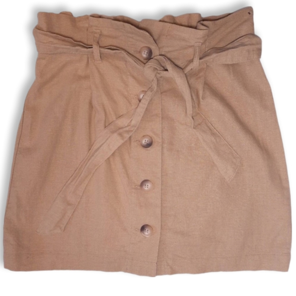 3/$20 Topshop Linen Buttoned Paperbag Mini Skirt Tan Khaki Belted